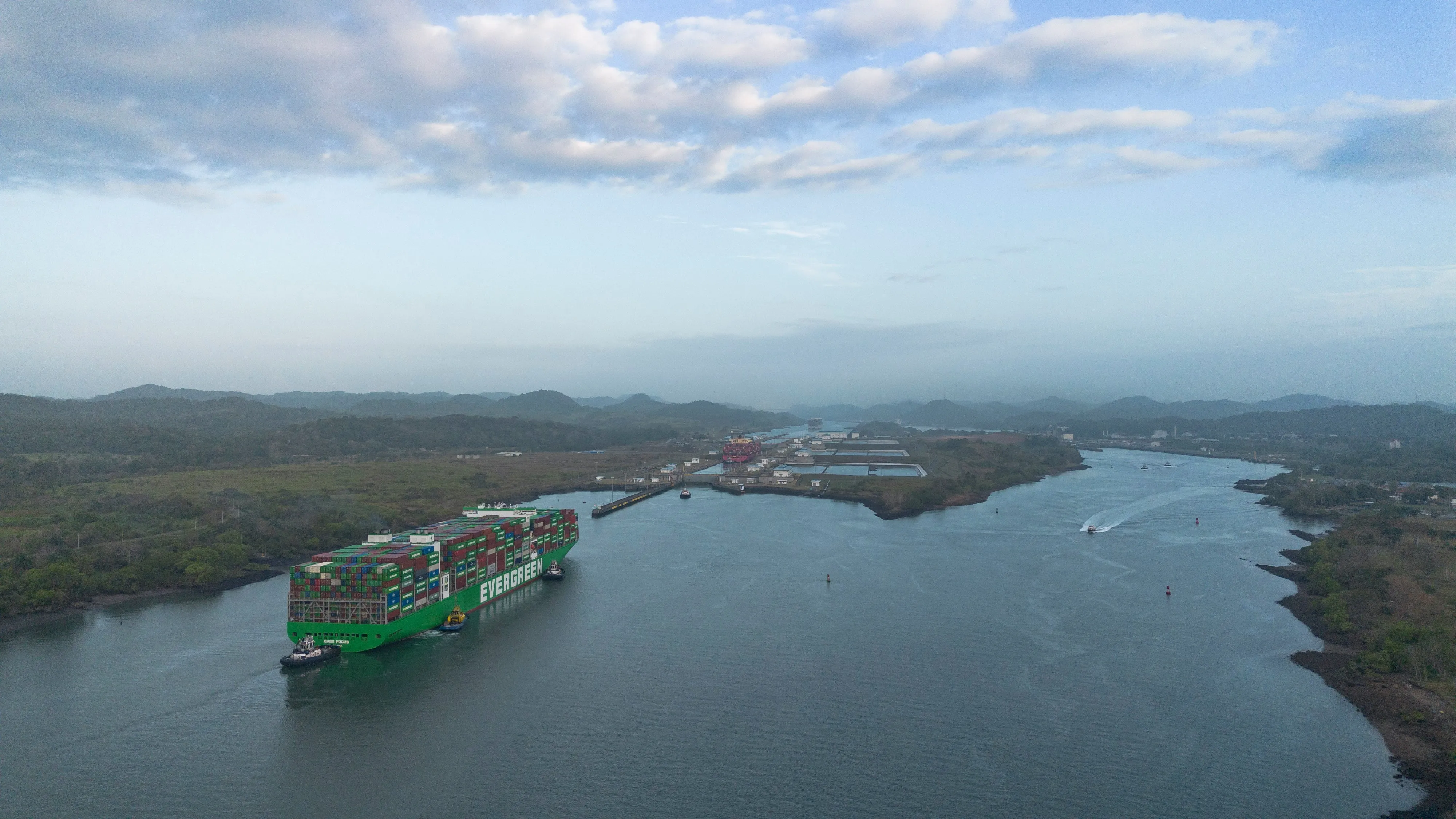 Ships in transit through the Panama Canal leading to the Miraflores locks on the Pacific side.